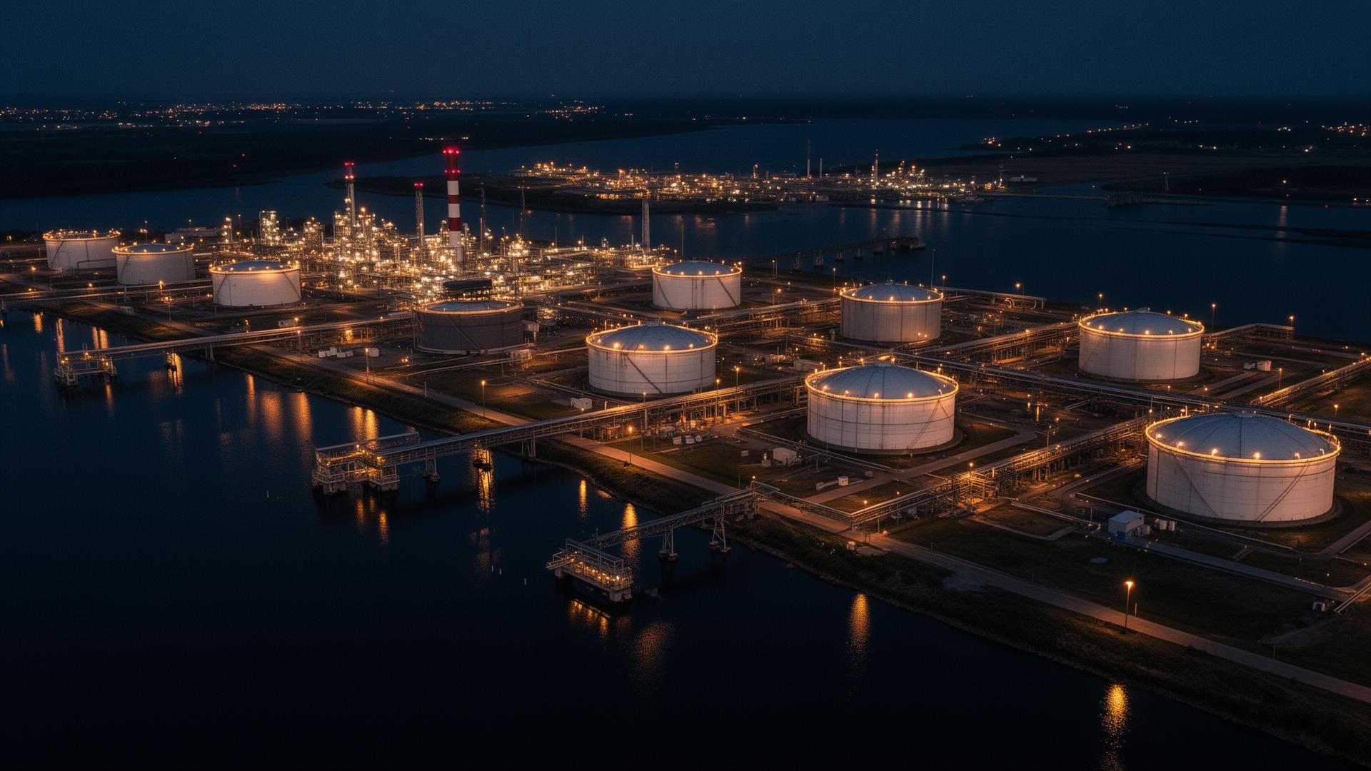 Petroleum terminal at night